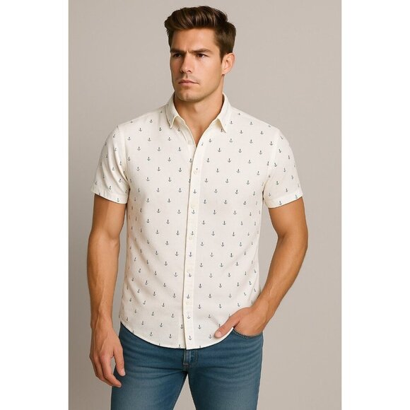 DENIM & FLOWER Ricky Singh Button Up Shirt Medium White Anchor Print Preppy Y2K - Picture 1 of 6